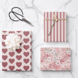 Hearts, Stripes, Sakura Pink Burgundy ラッピングペーパーシート