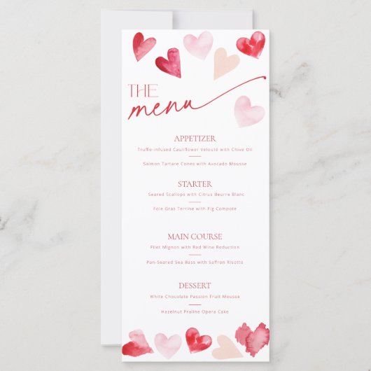 Hearts Valentines Day Food and Drinks Menu Card (正面)