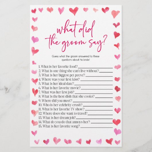 Hearts What Did The Groom Say? Bridal Shower Game  便箋 (正面)