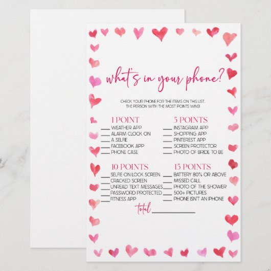 Hearts What's In Your Phone? Bridal Shower Game  便箋 (正面/裏面)