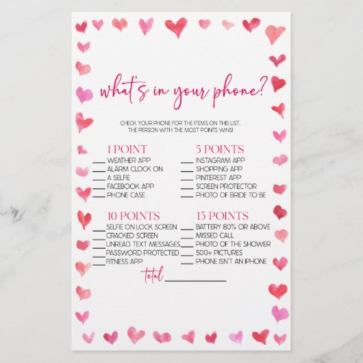 Hearts What's In Your Phone? Bridal Shower Game  便箋 (正面)