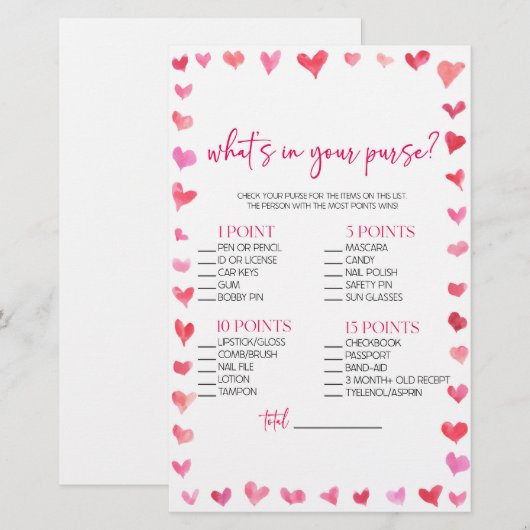 Hearts What's In Your Purse? Bridal Shower Game  便箋 (正面/裏面)