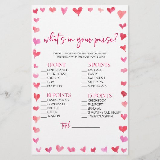 Hearts What's In Your Purse? Bridal Shower Game  便箋 (正面)