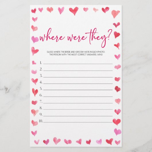 Hearts Where Were They? Bridal Shower Game  便箋 (正面)