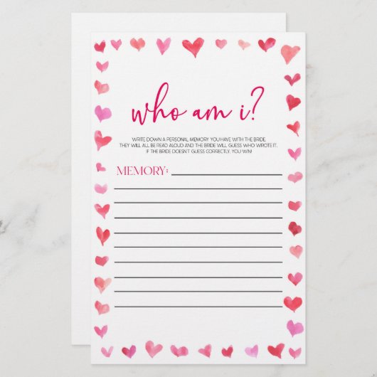 Hearts Who Am I? Bridal Shower Game  便箋 (正面/裏面)