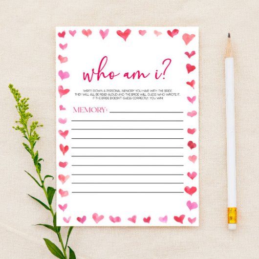 Hearts Who Am I? Bridal Shower Game  便箋