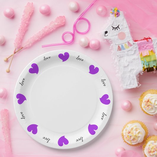 Hearty Hearts Purple - Custom Text Paper Plates ペーパープレート (パーティー)