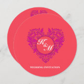 HeartyPartyラズベリーとマゼンタダマスクハート 招待状 (正面/裏面)