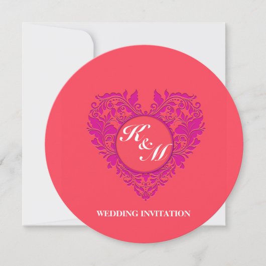 HeartyPartyラズベリーとマゼンタダマスクハート 招待状 (正面)