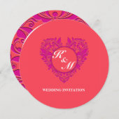 HeartyPartyラズベリーとマゼンタダマスクハート 招待状 (正面/裏面)