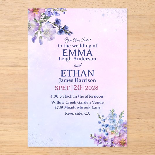 heather periwinkle plum lavender blue Wedding アクリル招待状 (正面)