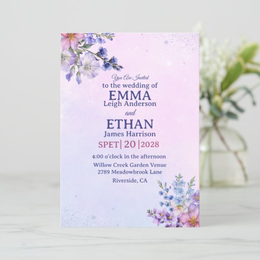 heather periwinkle plum lavender blue Wedding  招待状 (スタンド正面)