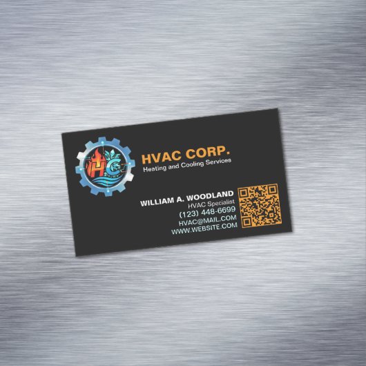 Heating and Cooling (Logo & Qr Code) Black HVAC マグネット名刺 (インサイチュ)