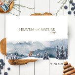 Heaven and Nature Sing, Watercolor Forest and Fox シーズンカード<br><div class="desc">Personalize this gorgeous holiday card with exquisite blue watercolor forest scene with fox playing on the snow, featuring the phrase "Heaven and Nature Sing" in a mixture of hand written calligraphy and block typography. Inside coordinating forest scene this time with deer and fox, and area for your personal message. Option...</div>