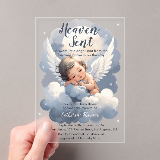 Heaven Sent Angel Baby In Clouds Baby Shower アクリル招待状 (インサイチュ (ポータブル))