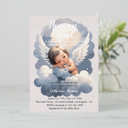 Heaven Sent Angel Baby In Clouds Baby Shower 箔招待状 (立ち正面)