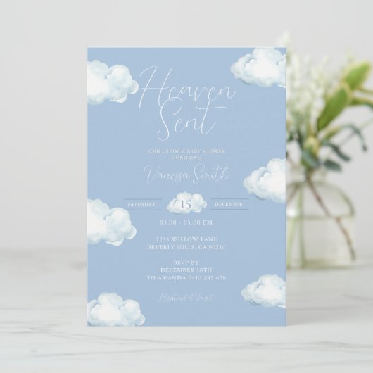 Heaven Sent Baby Shower Blue Cloud 招待状 (スタンド正面)