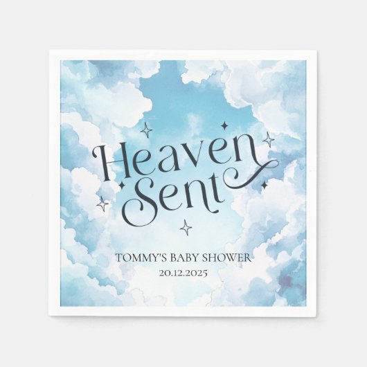 Heaven Sent Blue Clouds 名入れベビーシャワー スタンダードカクテルナプキン (正面)