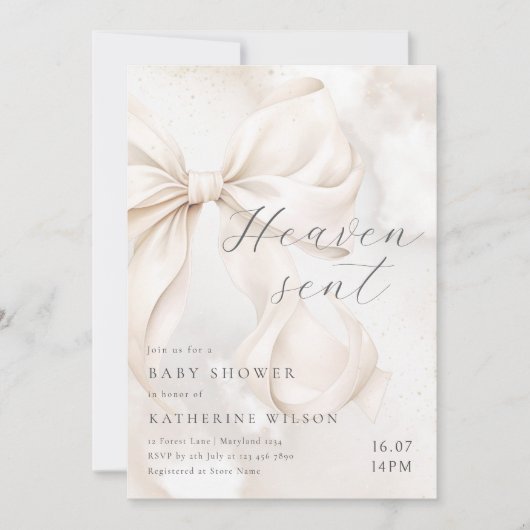 Heaven Sent Neutral Bow Baby Shower Invitation 招待状 (正面)