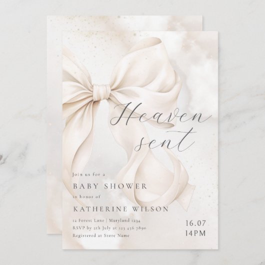 Heaven Sent Neutral Bow Baby Shower Invitation 招待状 (正面/裏面)