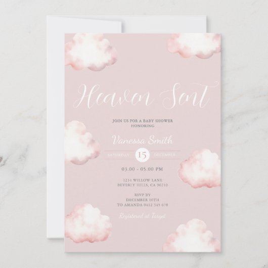  Heaven Sent Pink Cloud Baby Shower Invite 招待状 (正面)