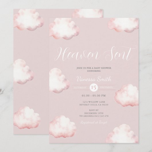  Heaven Sent Pink Cloud Baby Shower Invite 招待状 (正面/裏面)