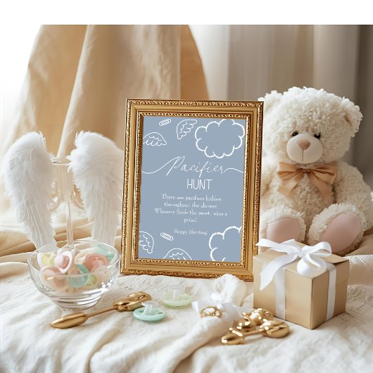 Heavenly baby shower blue Pacifier Hunt game 招待状