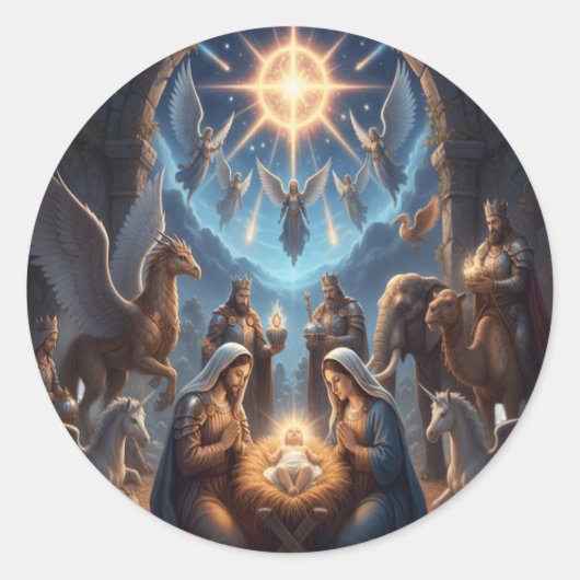 Heavenly Nativity – Mythical Christmas Scene Stic ラウンドシール (正面)