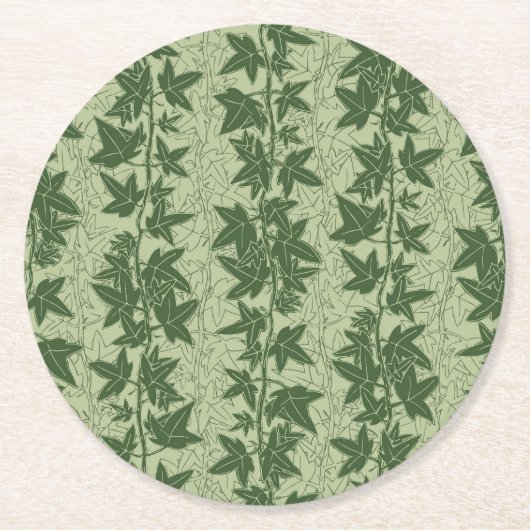 Hedera Ivyつる植物 – 植物性の緑D_Lパターン。 ラウンドペーパーコースター (正面)