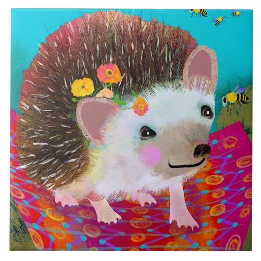 Hedgehog and Bee Ceramic Kitchen Tile タイル (正面)