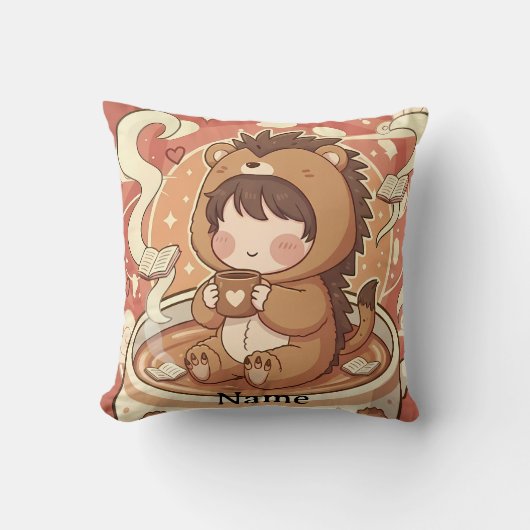 Hedgehog Autumn Coffee Throw Pillow クッション (正面)