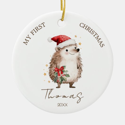 Hedgehog Baby 1st Christmas Photo Ornament セラミックオーナメント (正面)