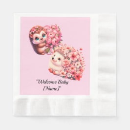 Hedgehog Baby Shower Napkins for Girl | Cute Pink  縁ありランチョンナプキン