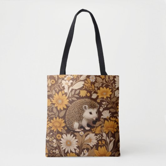 Hedgehog Brown Floral William Morris Inspired トートバッグ (正面)