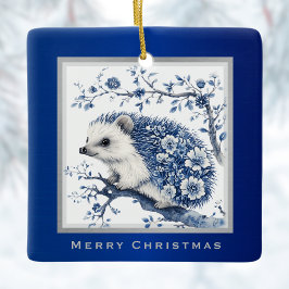 Hedgehog Chinoiserie Blue Toile Floral Christmas セラミックオーナメント