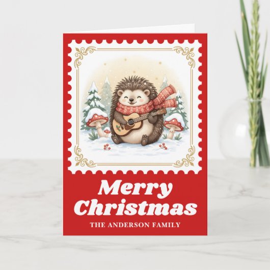 Hedgehog Guitar Retro Postage Stamp Christmas シーズンカード (正面)