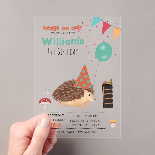 Hedgehog Mushroom Woodland Forest Balloon Birthday アクリル招待状 (インサイチュ (ポータブル))