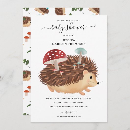Hedgehog Mushroom Woodland Funny Baby Shower 招待状 (正面/裏面)