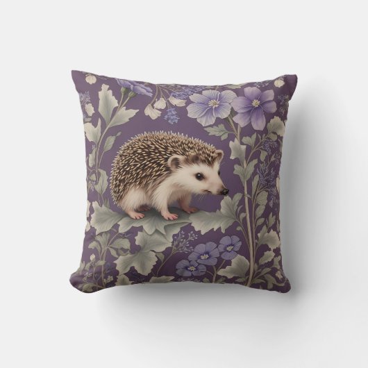 Hedgehog Purple William Morris Inspired Floral クッション (正面)