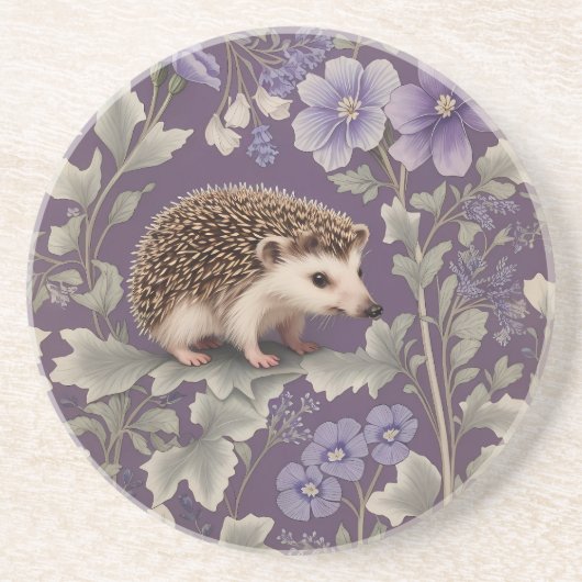 Hedgehog Purple William Morris Inspired Floral コースター (正面)
