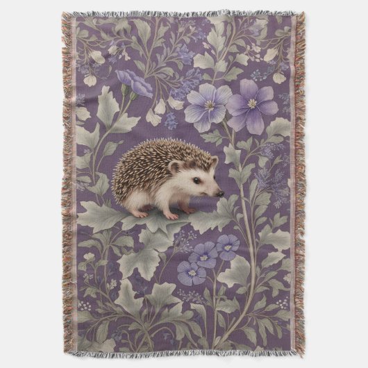 Hedgehog Purple William Morris Inspired Floral スローブランケット (正面縦)