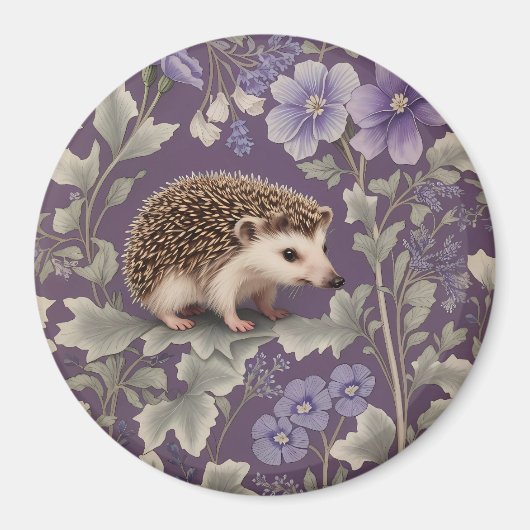 Hedgehog Purple William Morris Inspired Floral マグネット (正面)