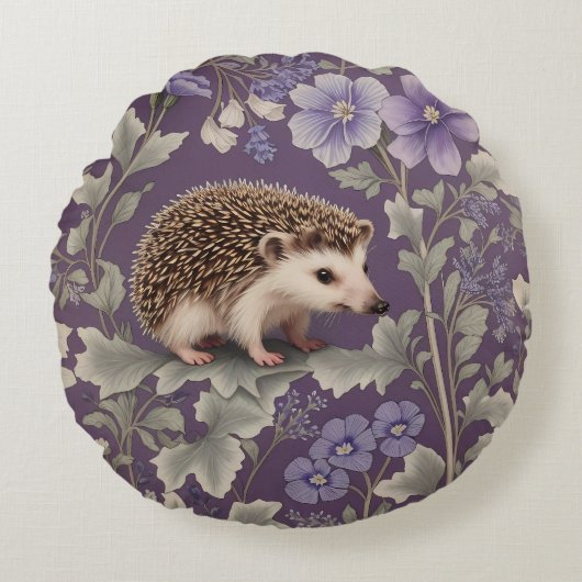 Hedgehog Purple William Morris Inspired Floral ラウンドクッション (正面)