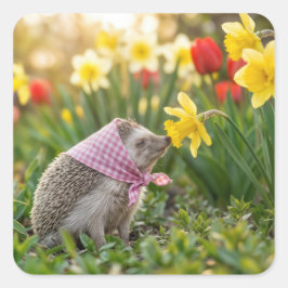 Hedgehog Sniffing a Yellow Daffodil スクエアシール