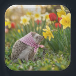 Hedgehog Sniffing a Yellow Daffodil ペーパープレート<br><div class="desc">A hedgehog wearing a pink scarf sniffs a spring daffodil,  capturing the scene's natural beauty with a touch of charm</div>