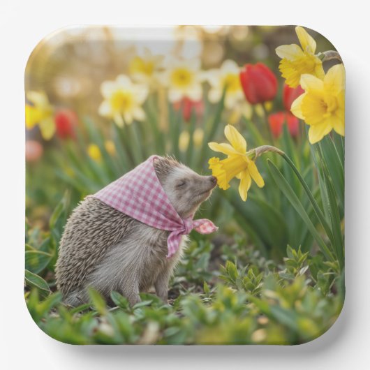 Hedgehog Sniffing a Yellow Daffodil ペーパープレート (正面)