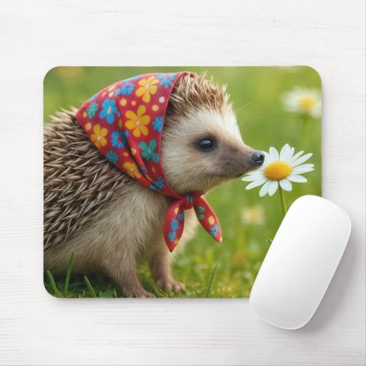 Hedgehog Wearing a Headscarf Sniffing a Daisy マウスパッド (マウス)