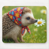 Hedgehog Wearing a Headscarf Sniffing a Daisy マウスパッド (正面)