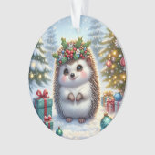 Hedgehog with Holly Wreath & Tree Lights オーナメント (正面)