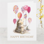 Hedgehog with pink balloons Happy Birthday カード (黄色い花)